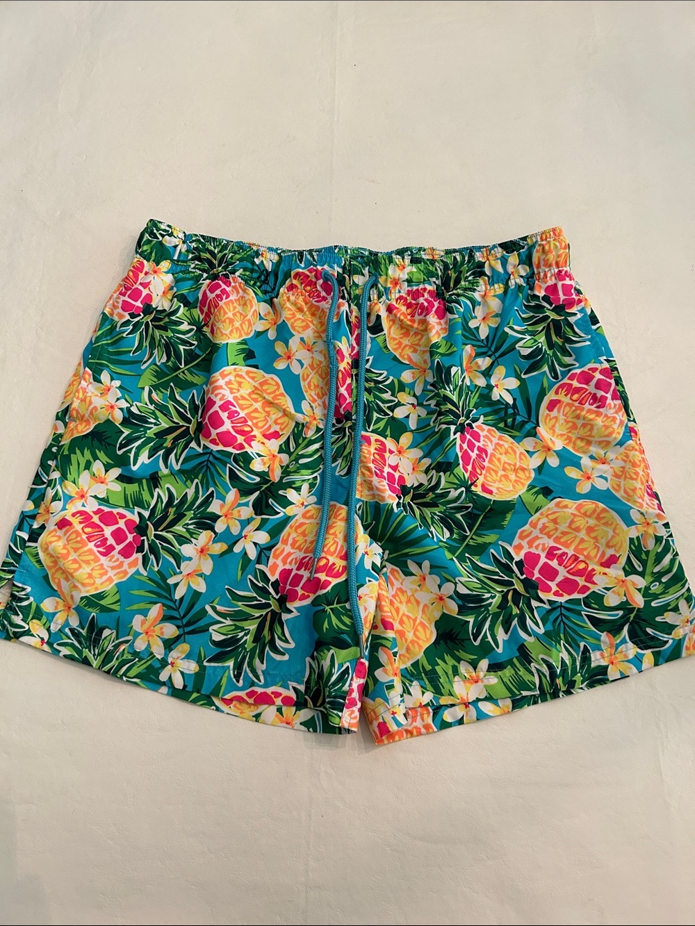 George Tropical Floral Pineapple Swim Trunks - Teal, Yellow, Pink